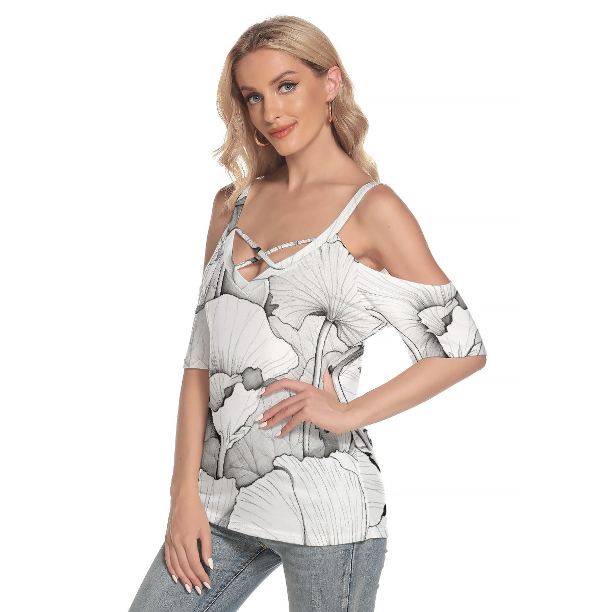 All-Over Print Women's Cold Shoulder T-shirt With Criss Cross Strips