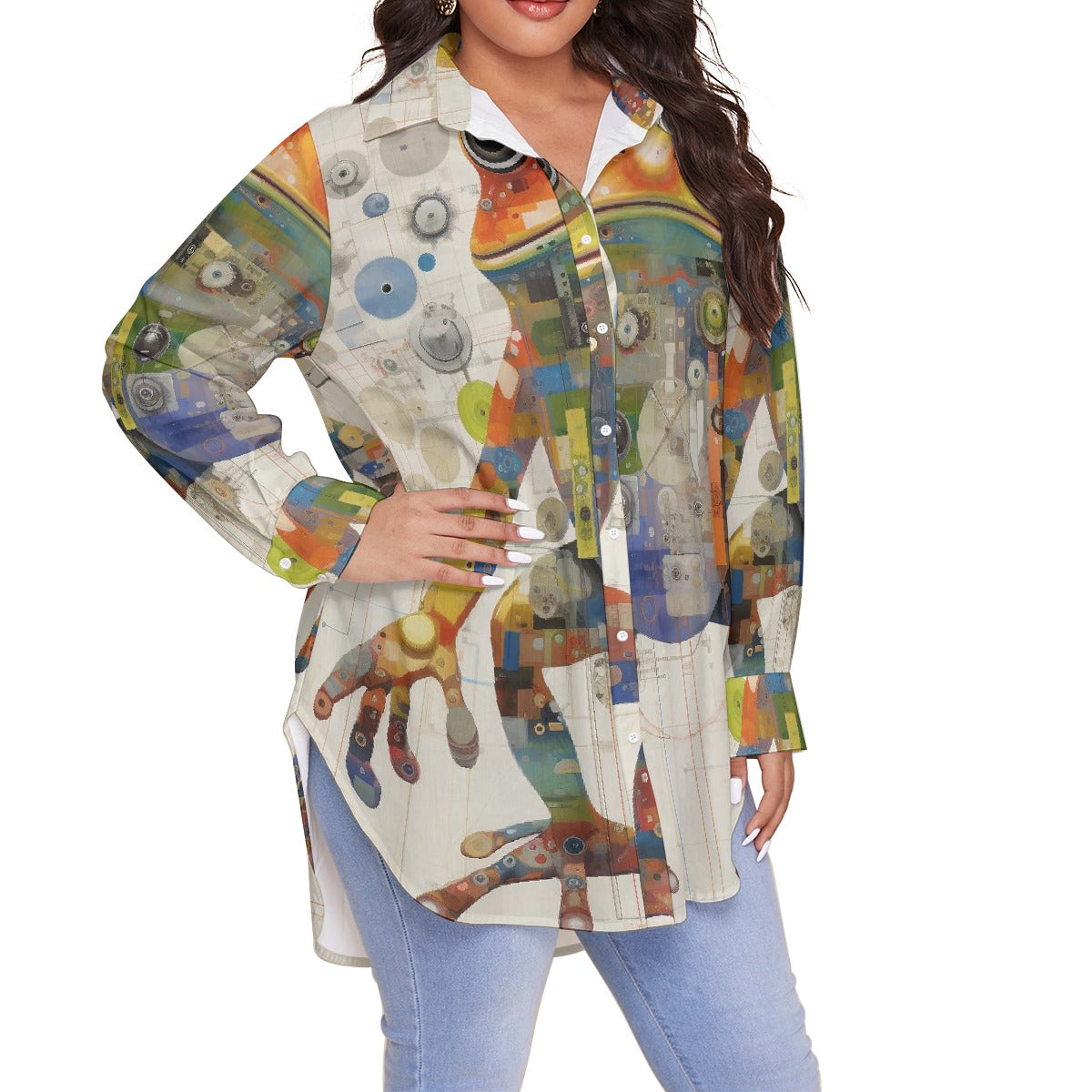 All-Over Print Women's Shirt With Long Sleeve(Plus Size)