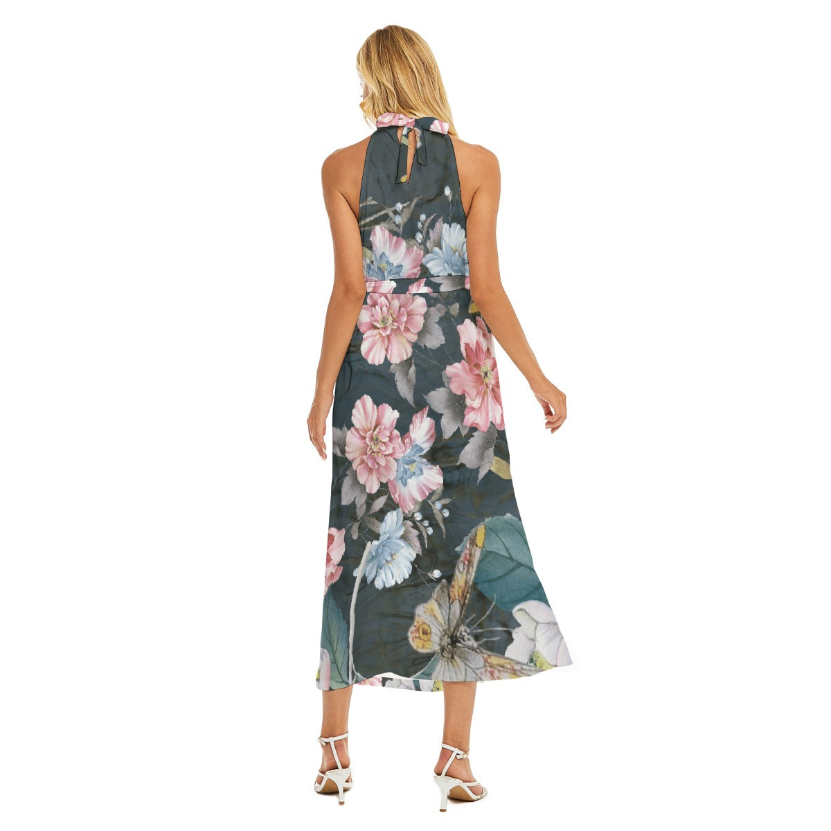 All-Over Print Women's Wrap Hem Belted Halter Dress