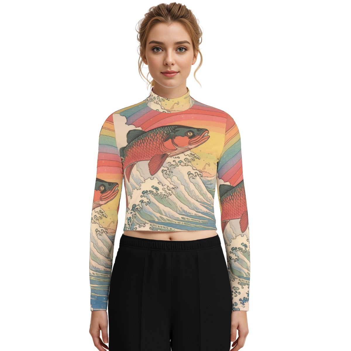 Eco-Friendly All-Over Print Women's Turtleneck T-shirt With Long Sleeve