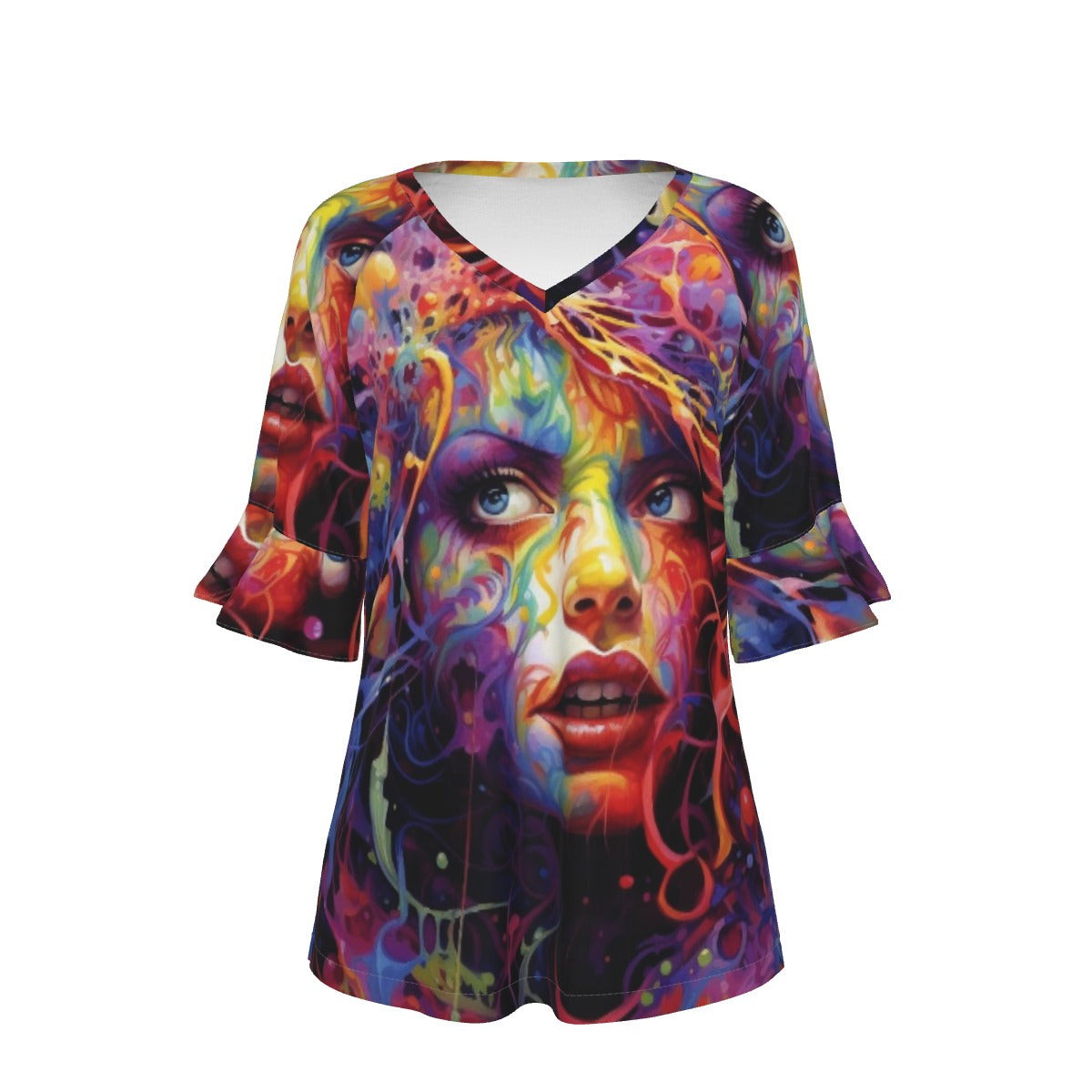 All-Over Print V-neck Women's T-shirt With Bell Sleeve