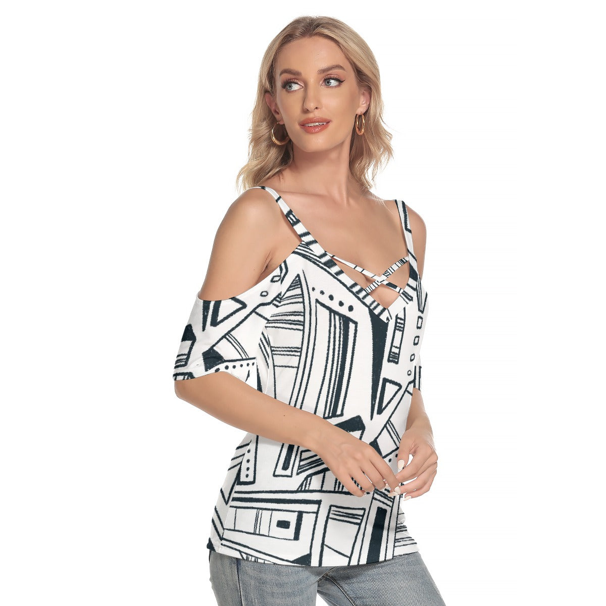 All-Over Print Women's Cold Shoulder T-shirt With Criss Cross Strips