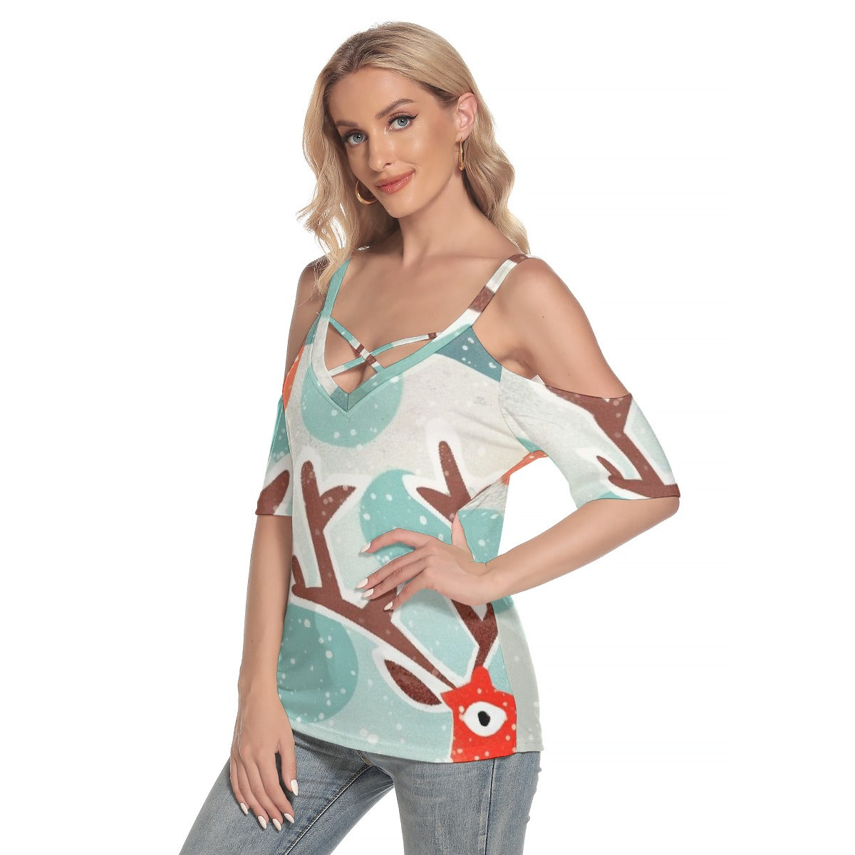 All-Over Print Women's Cold Shoulder T-shirt With Criss Cross Strips