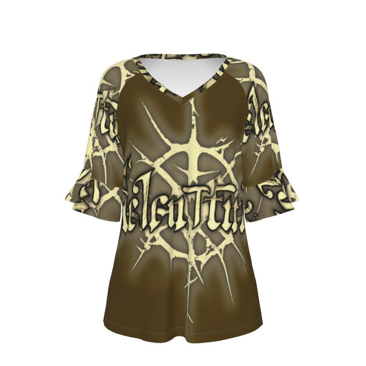 All-Over Print V-neck Women's T-shirt With Bell Sleeve