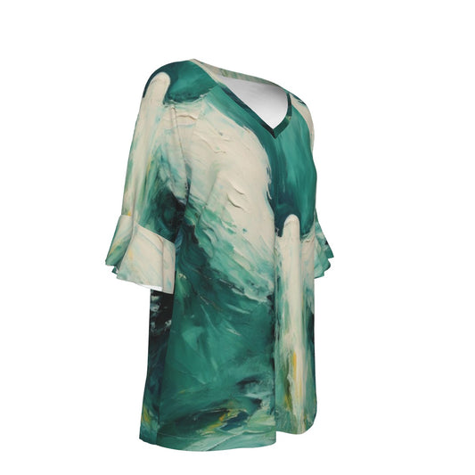 All-Over Print V-neck Women's T-shirt With Bell Sleeve