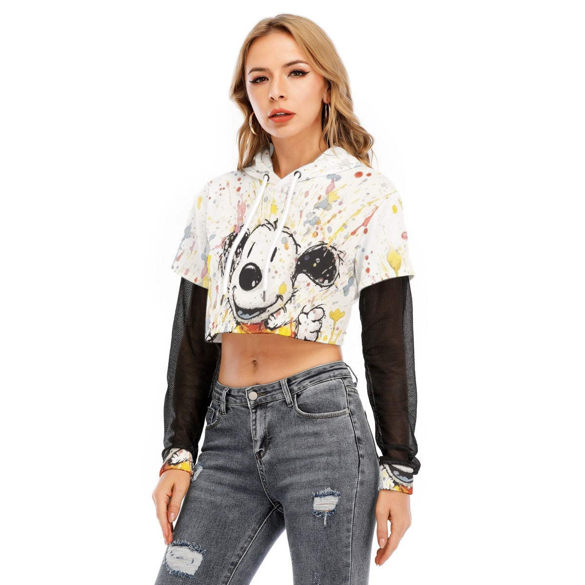 All-Over Print Women's Fake Two-piece Mesh Sleeve Cropped Hoodie