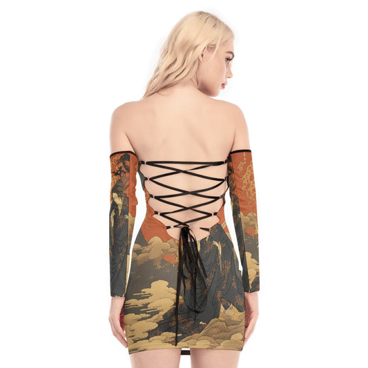 All-Over Print Women's Off-shoulder Back Lace-up Dress