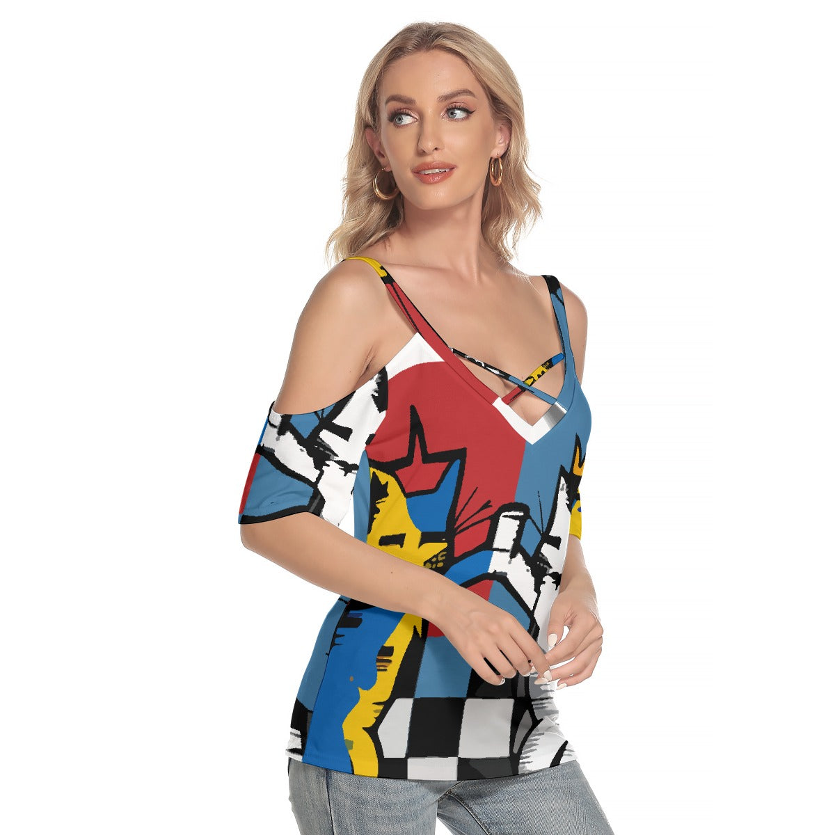 All-Over Print Women's Cold Shoulder T-shirt With Criss Cross Strips