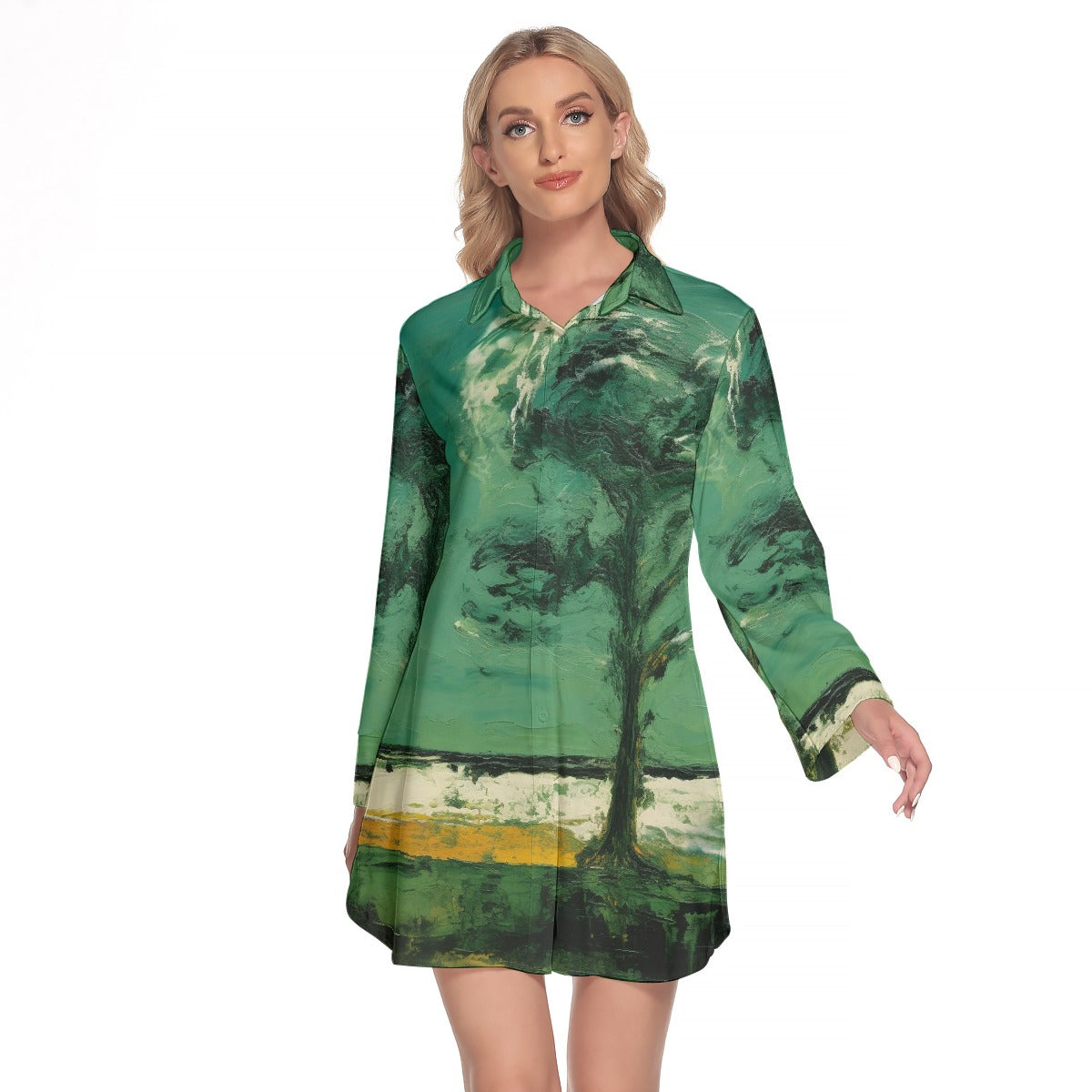 All-Over Print Women's Lapel Shirt Dress With Long Sleeve