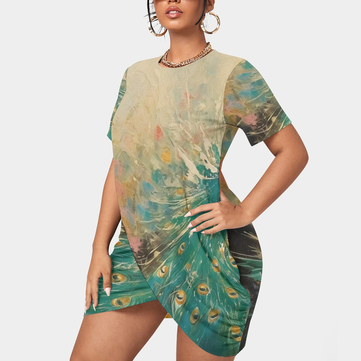 All-Over Print Women’s Stacked Hem Dress With Short Sleeve（Plus Size）