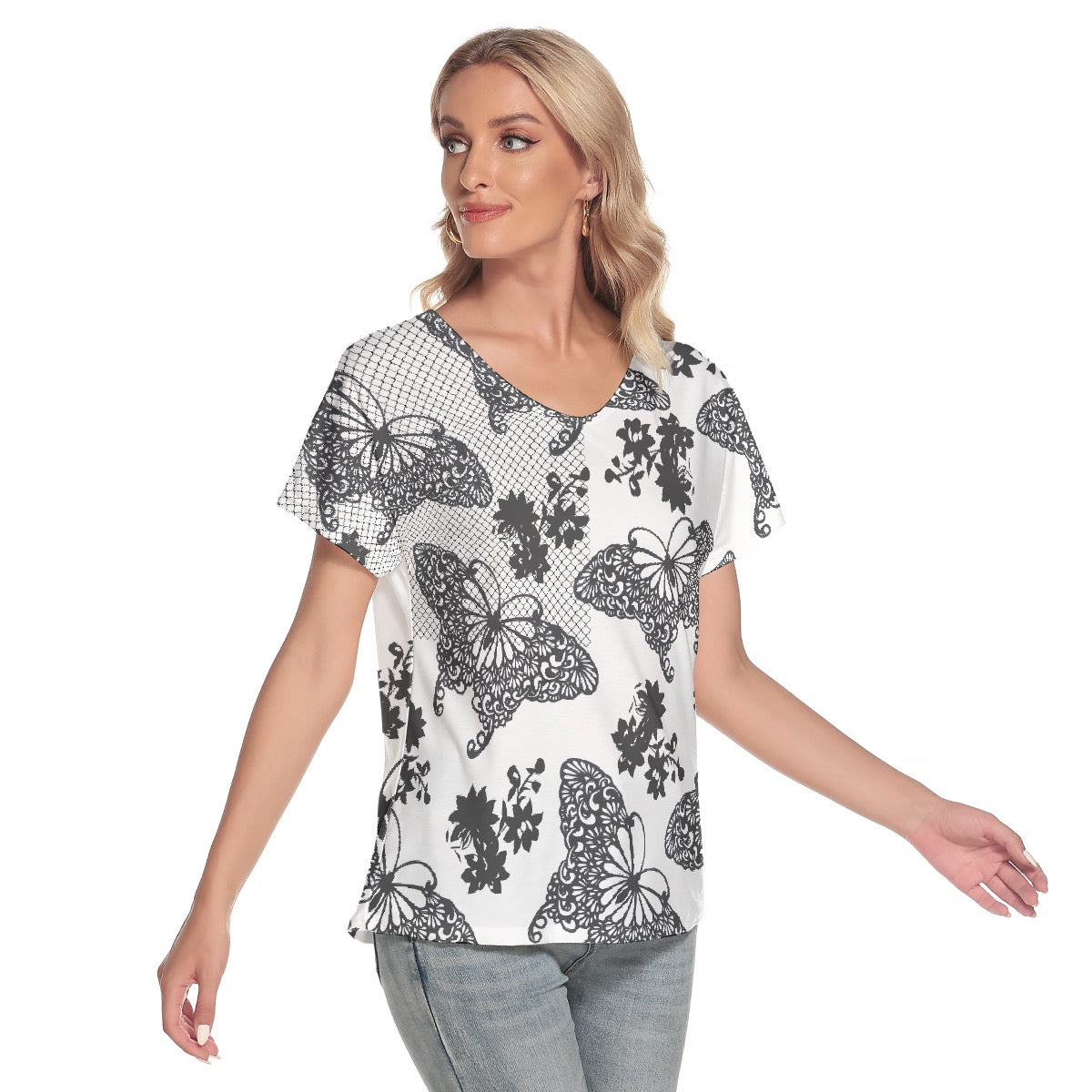 All-Over Print Women's Loose V-neck Short Sleeve T-shirt