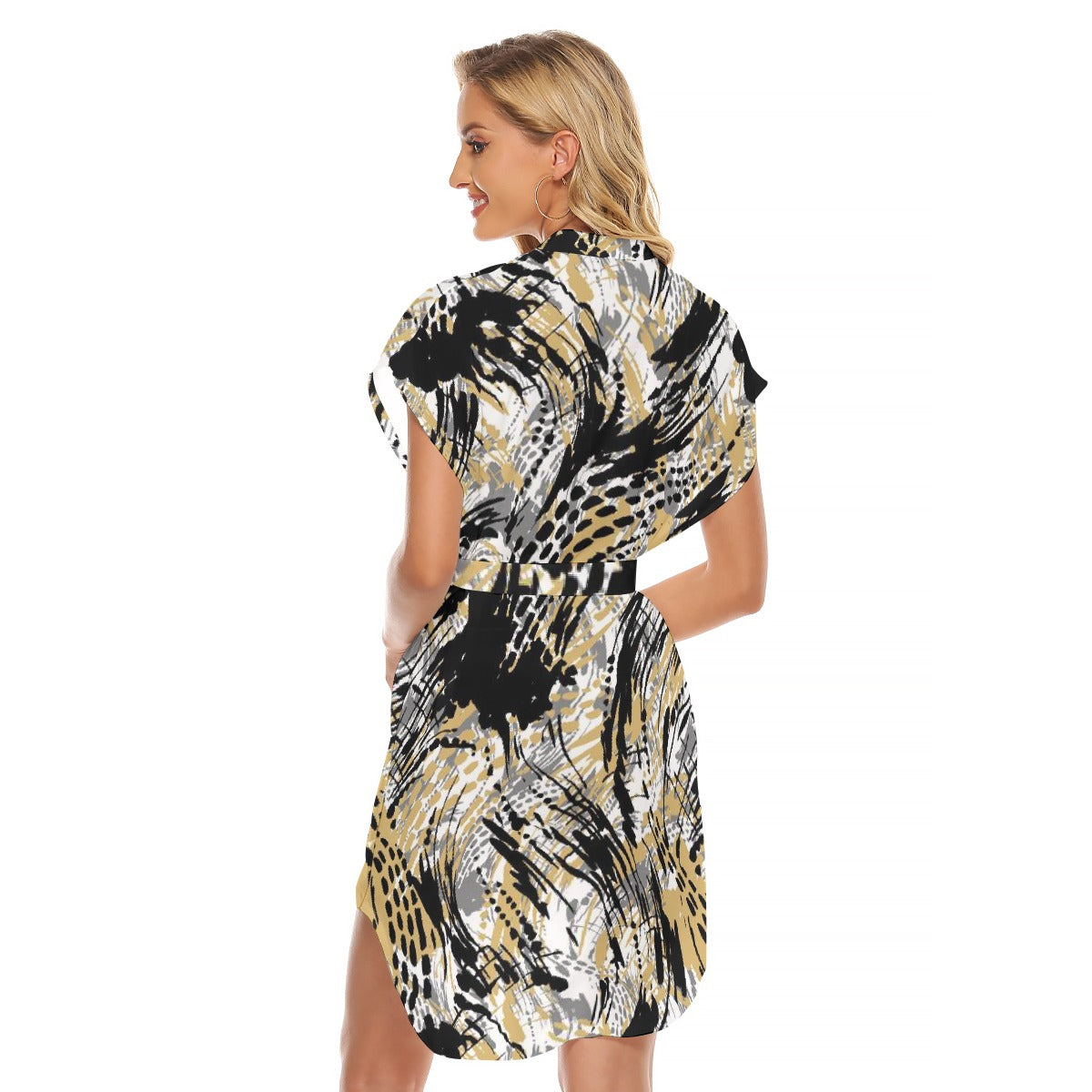 All-Over Print Women's Stand-up Collar Casual Dress With Belt