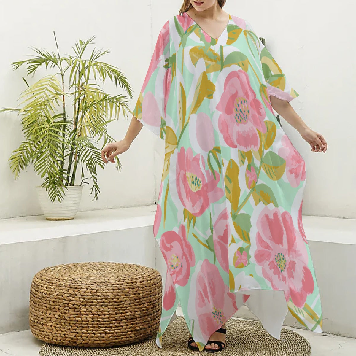 All-Over Print Women's Imitation Silk V-neck Kaftan Robe