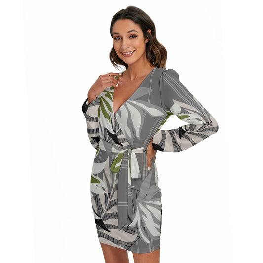 All-Over Print Women's Long Sleeve Dress With Waist Belt