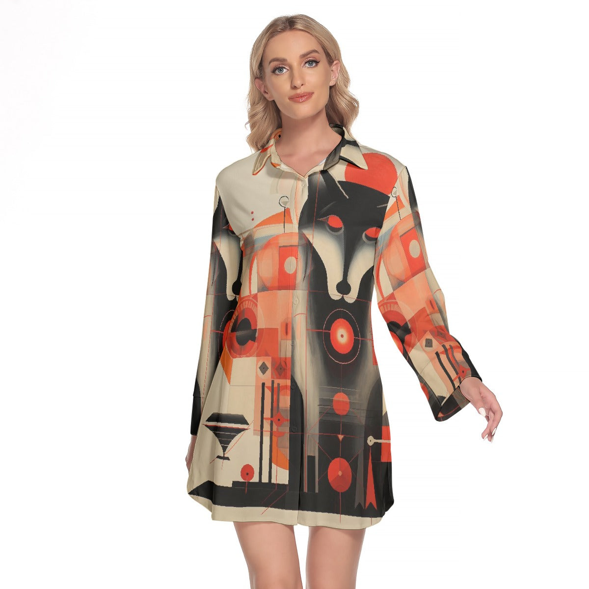 All-Over Print Women's Lapel Shirt Dress With Long Sleeve