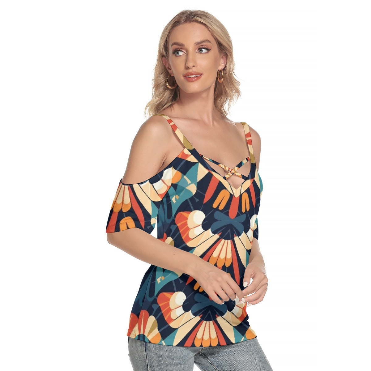 All-Over Print Women's Cold Shoulder T-shirt With Criss Cross Strips