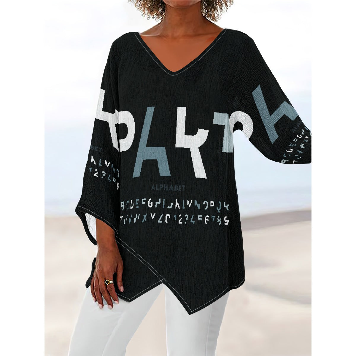 All-Over Print Women's V-neck T-shirt With Irregular Hem