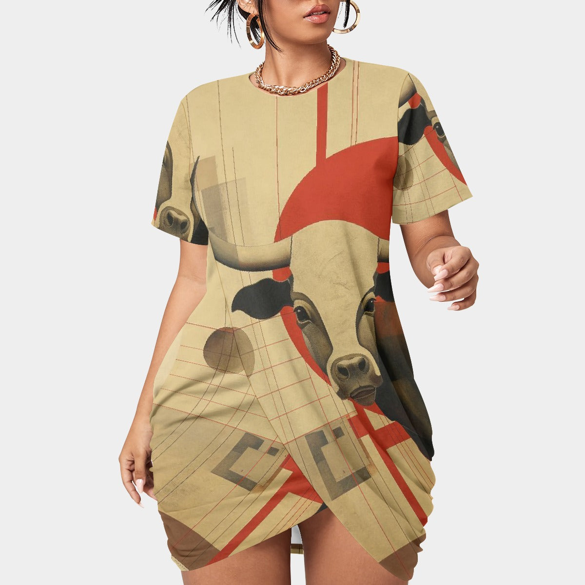 All-Over Print Women’s Stacked Hem Dress With Short Sleeve（Plus Size）