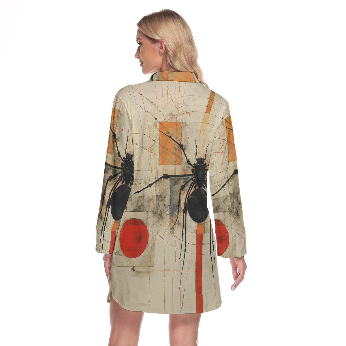 All-Over Print Women's Lapel Shirt Dress With Long Sleeve