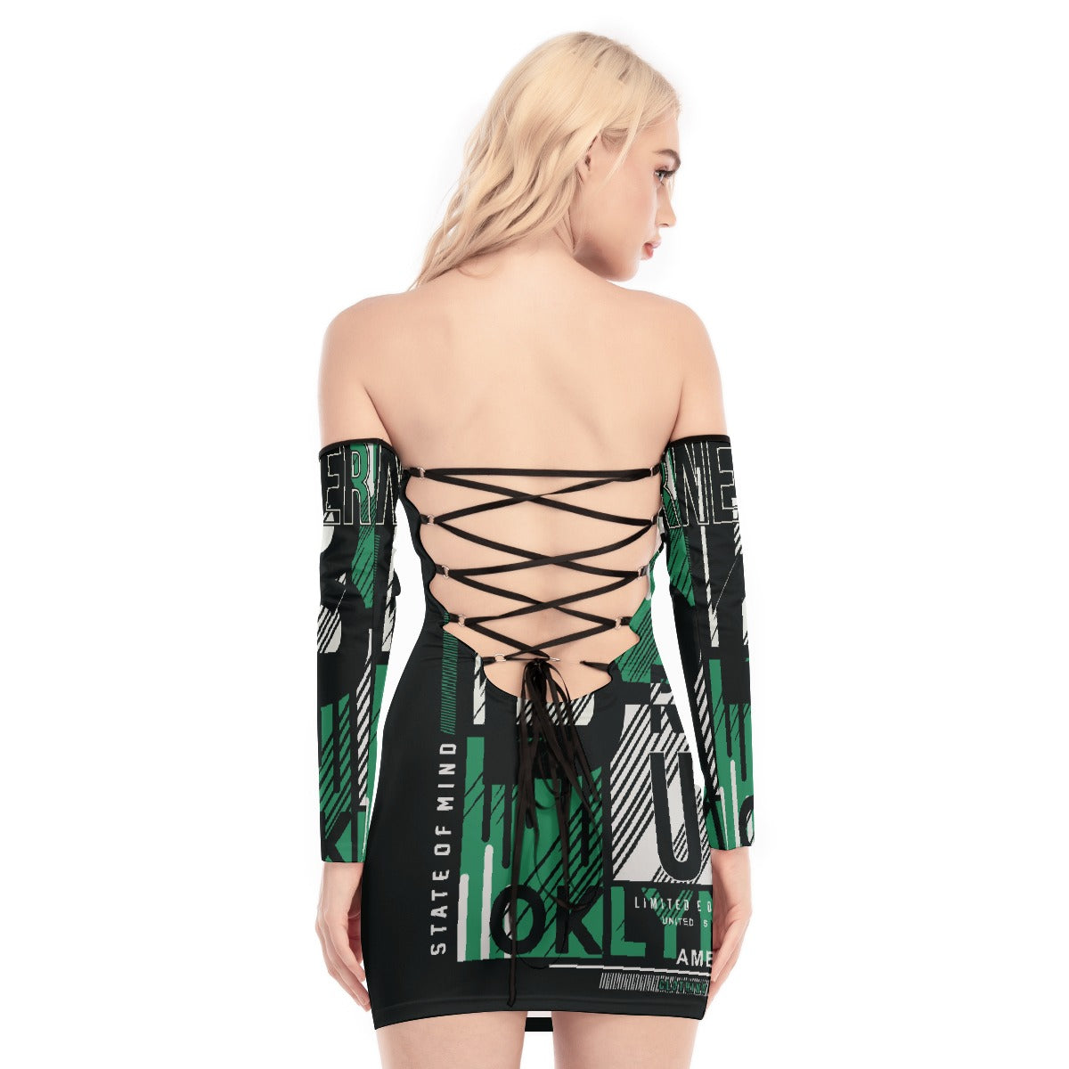 All-Over Print Women's Off-shoulder Back Lace-up Dress