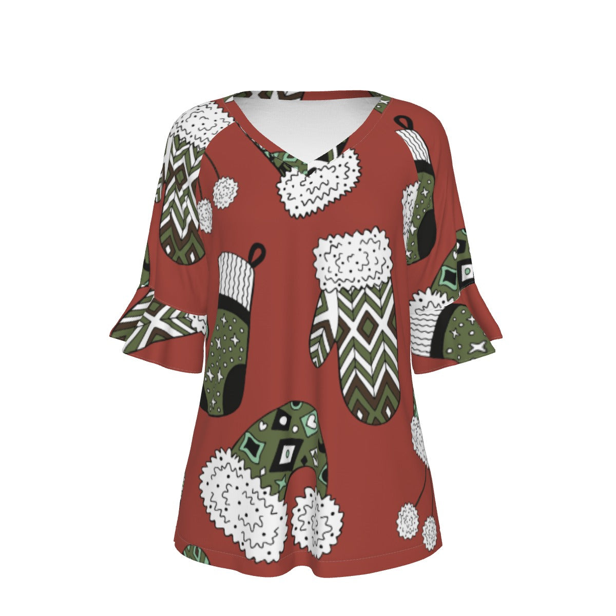 All-Over Print V-neck Women's T-shirt With Bell Sleeve