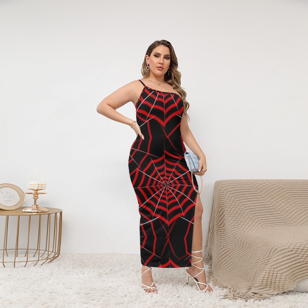 All-Over Print Women's Oblique-Shoulder Exposure Dress With Side Split (Plus Size)