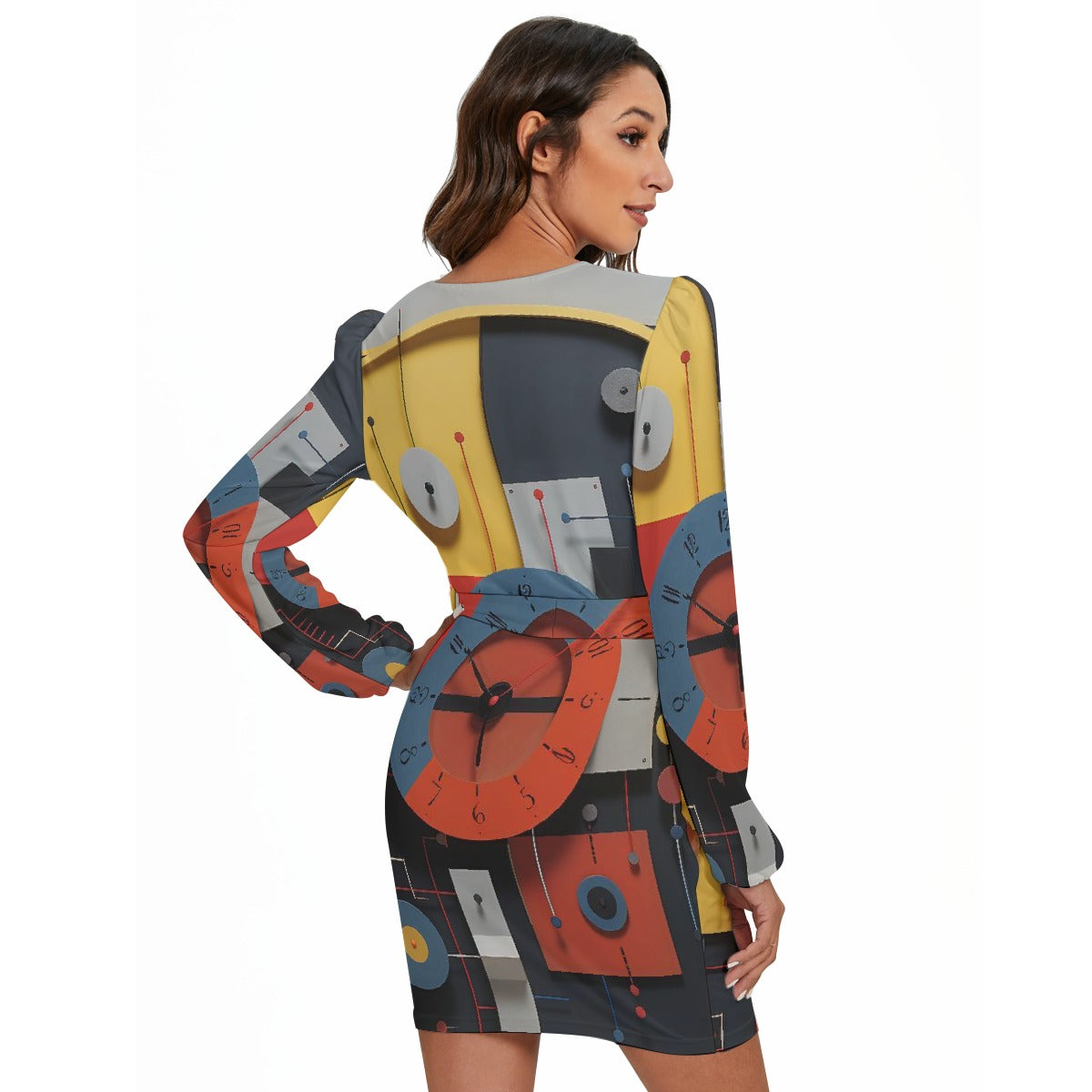 All-Over Print Women's Long Sleeve Dress With Waist Belt