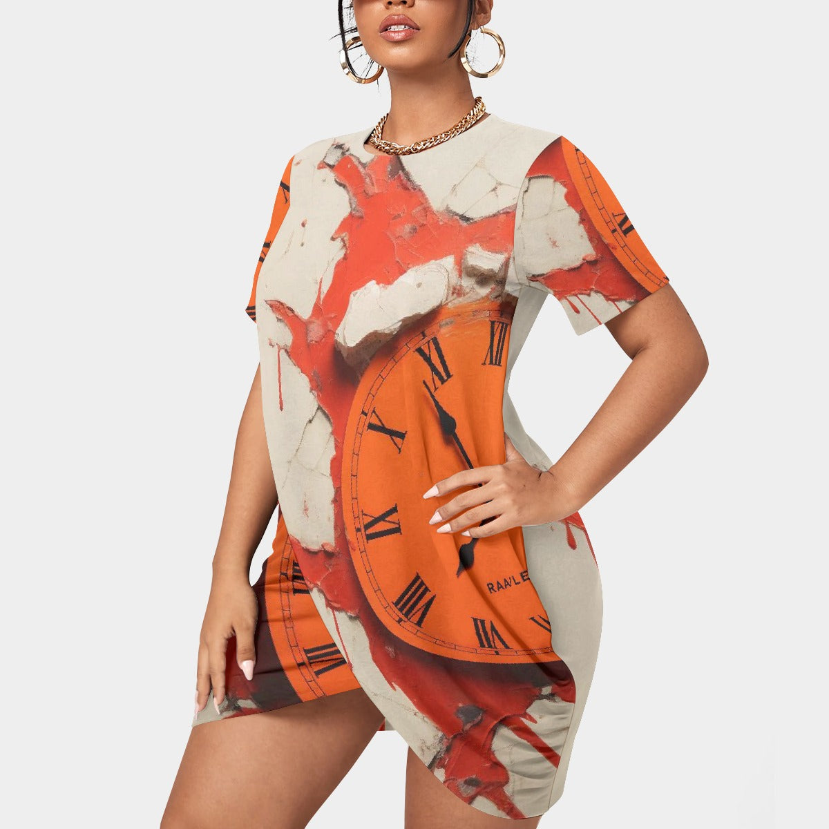 All-Over Print Women’s Stacked Hem Dress With Short Sleeve（Plus Size）