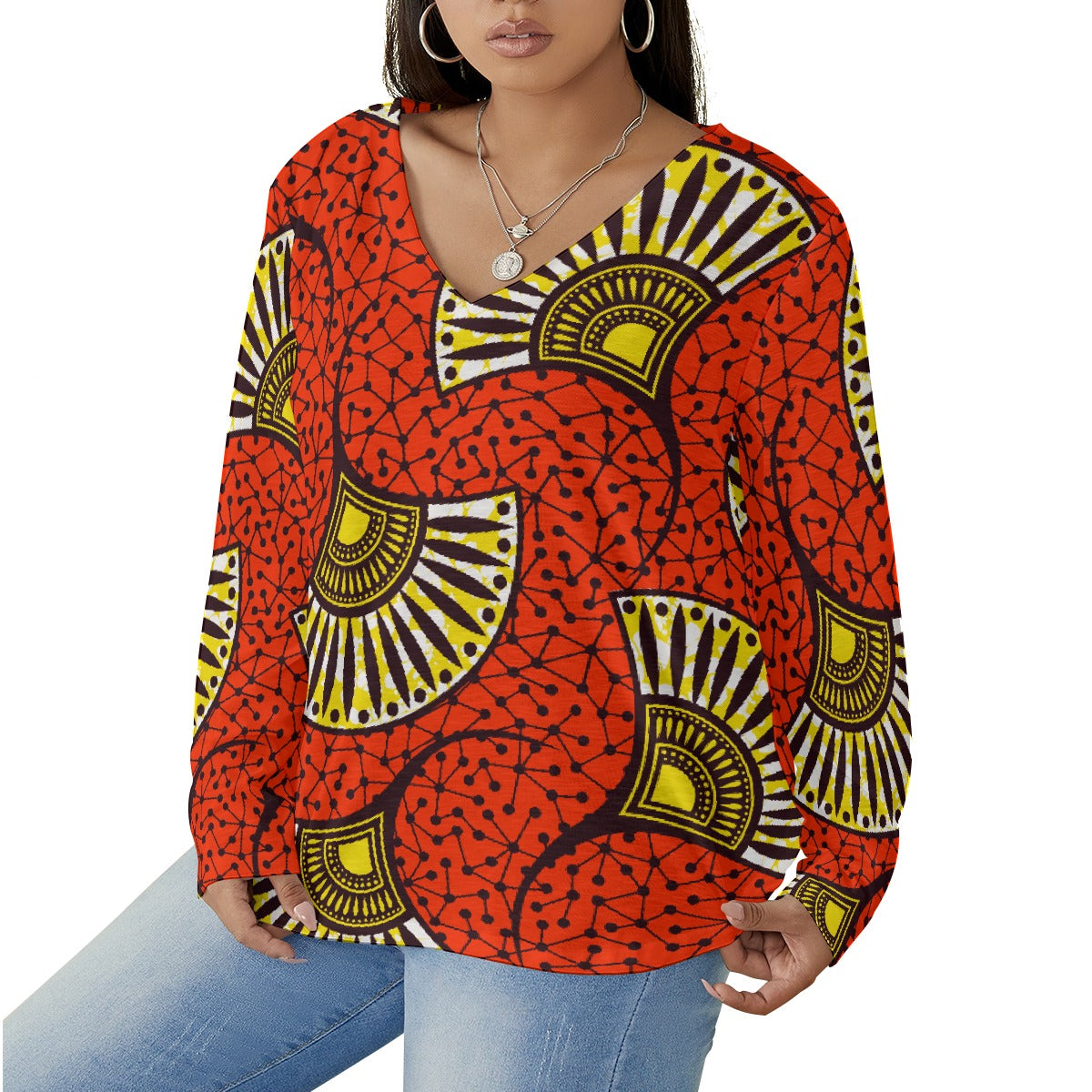 All-Over Print Women's V-neck T-shirt With Curved Hem(Plus Size)