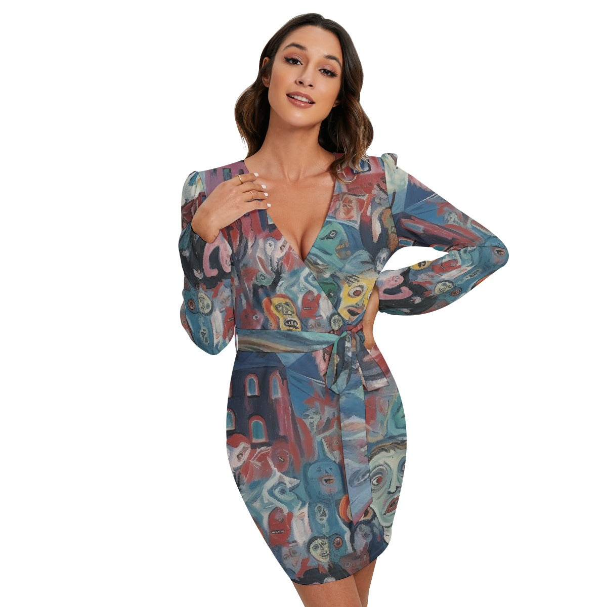 All-Over Print Women's Long Sleeve Dress With Waist Belt