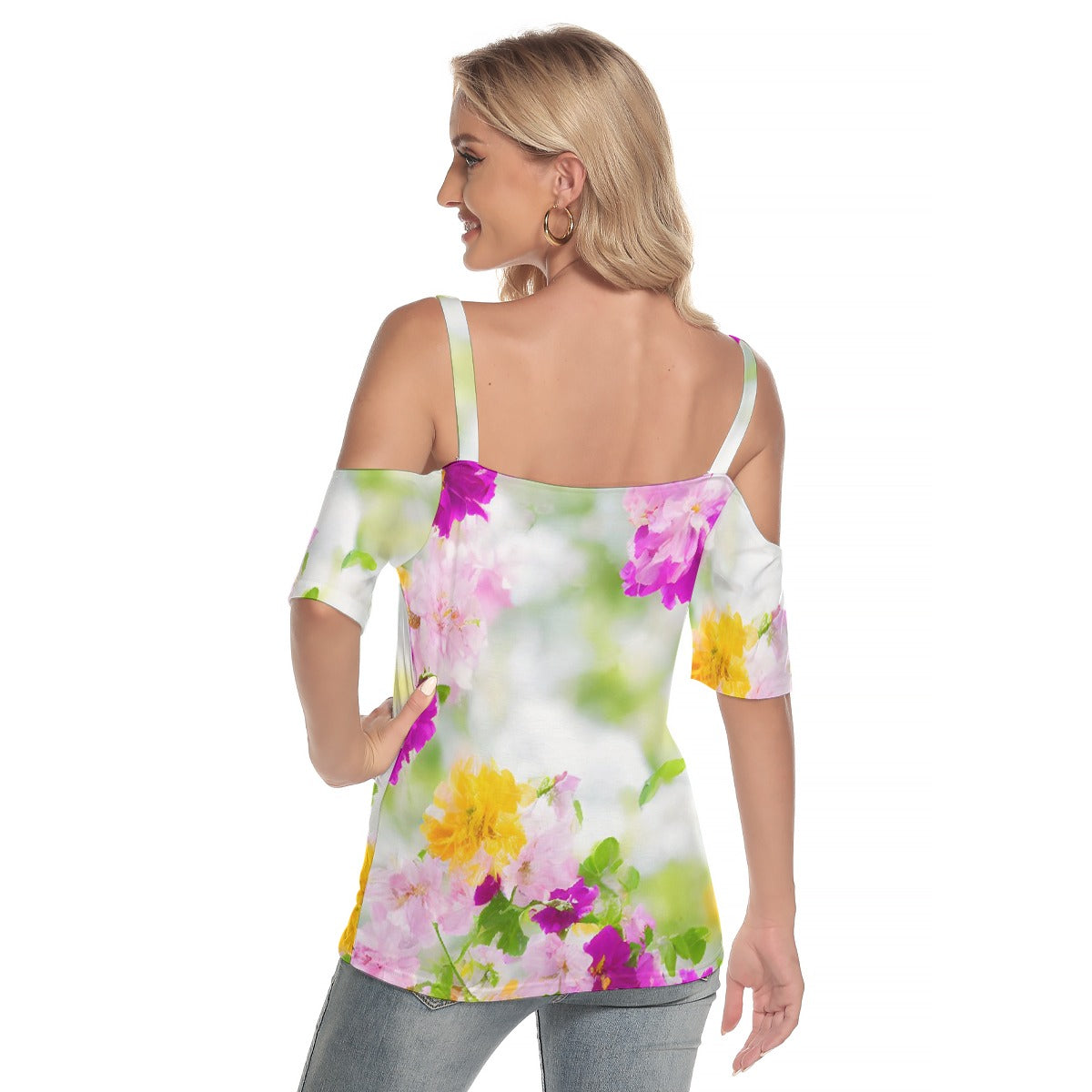 All-Over Print Women's Cold Shoulder T-shirt With Criss Cross Strips