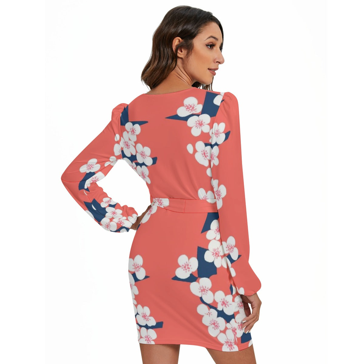 All-Over Print Women's Long Sleeve Dress With Waist Belt