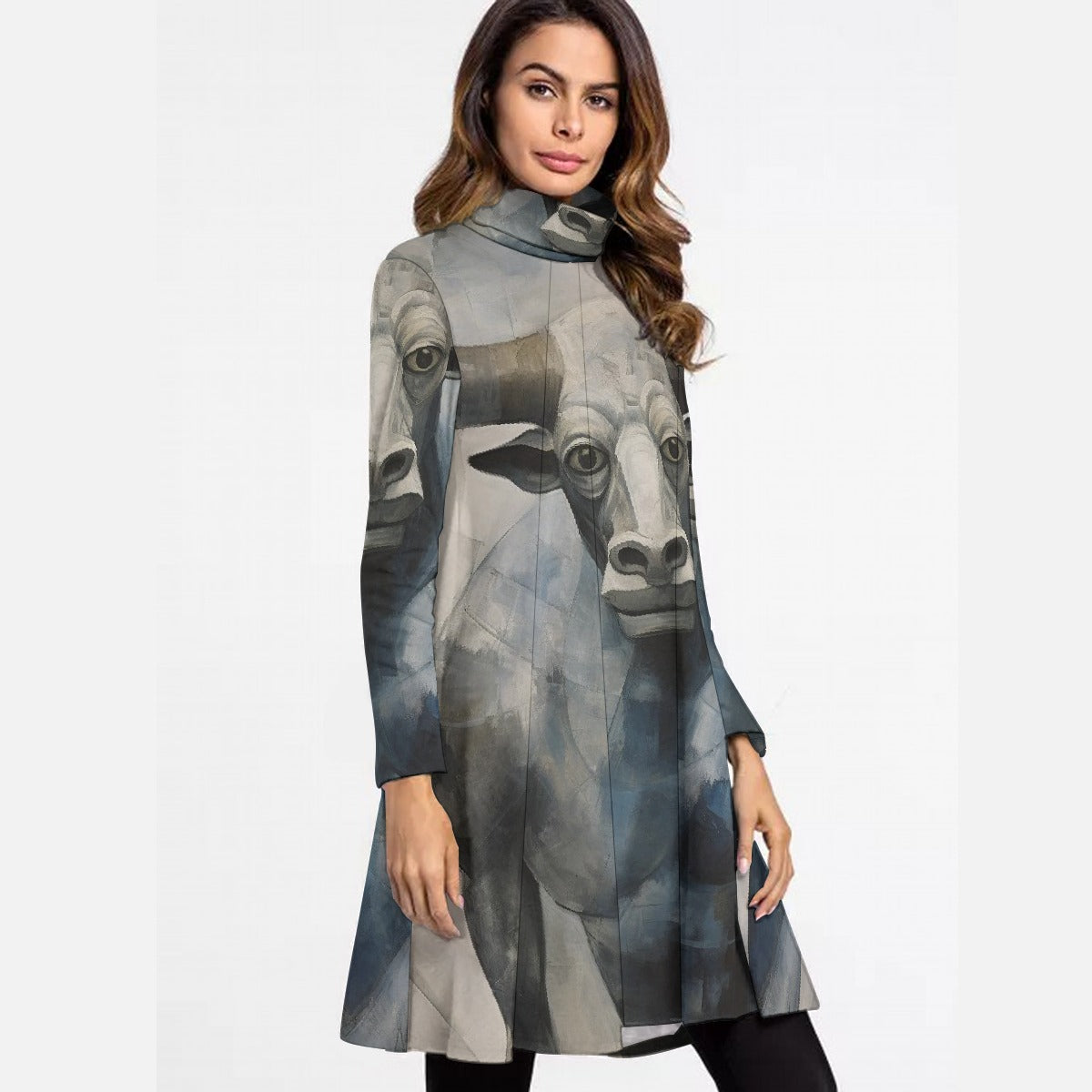 All-Over Print Women's High Neck Dress With Long Sleeve