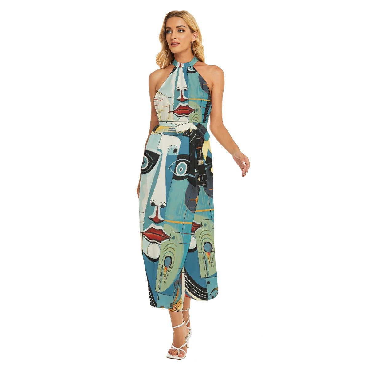 All-Over Print Women's Wrap Hem Belted Halter Dress