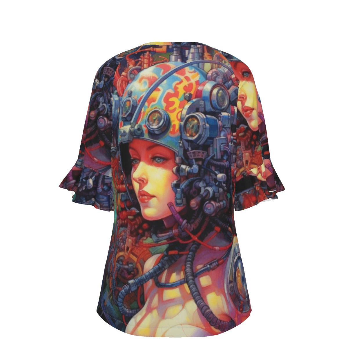 All-Over Print V-neck Women's T-shirt With Bell Sleeve