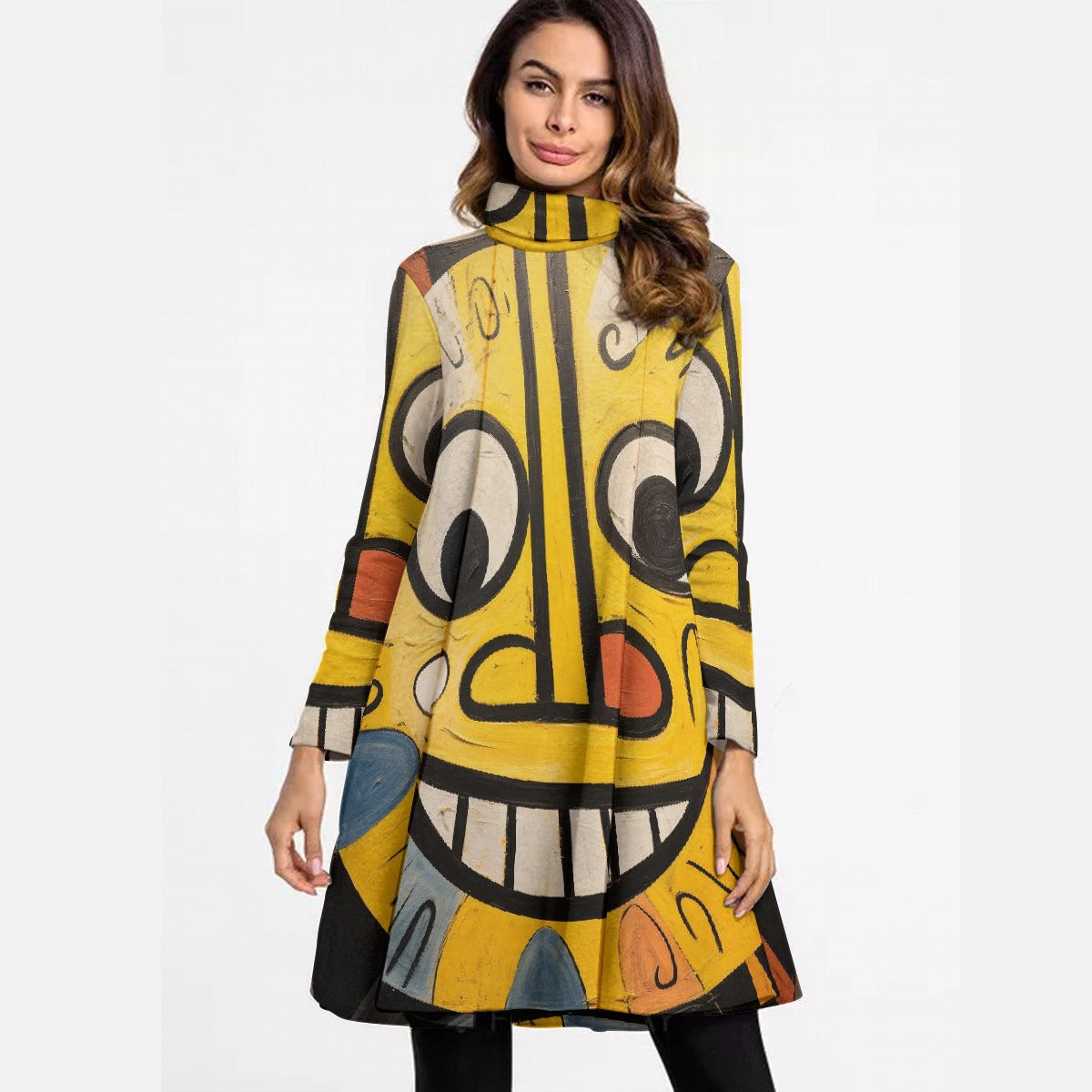 All-Over Print Women's High Neck Dress With Long Sleeve