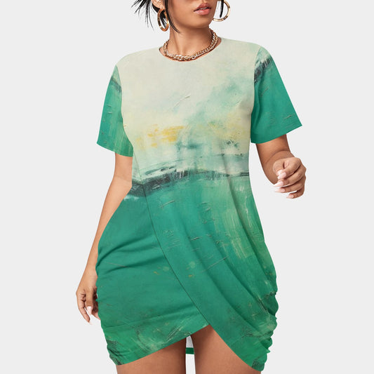 All-Over Print Women’s Stacked Hem Dress With Short Sleeve（Plus Size）