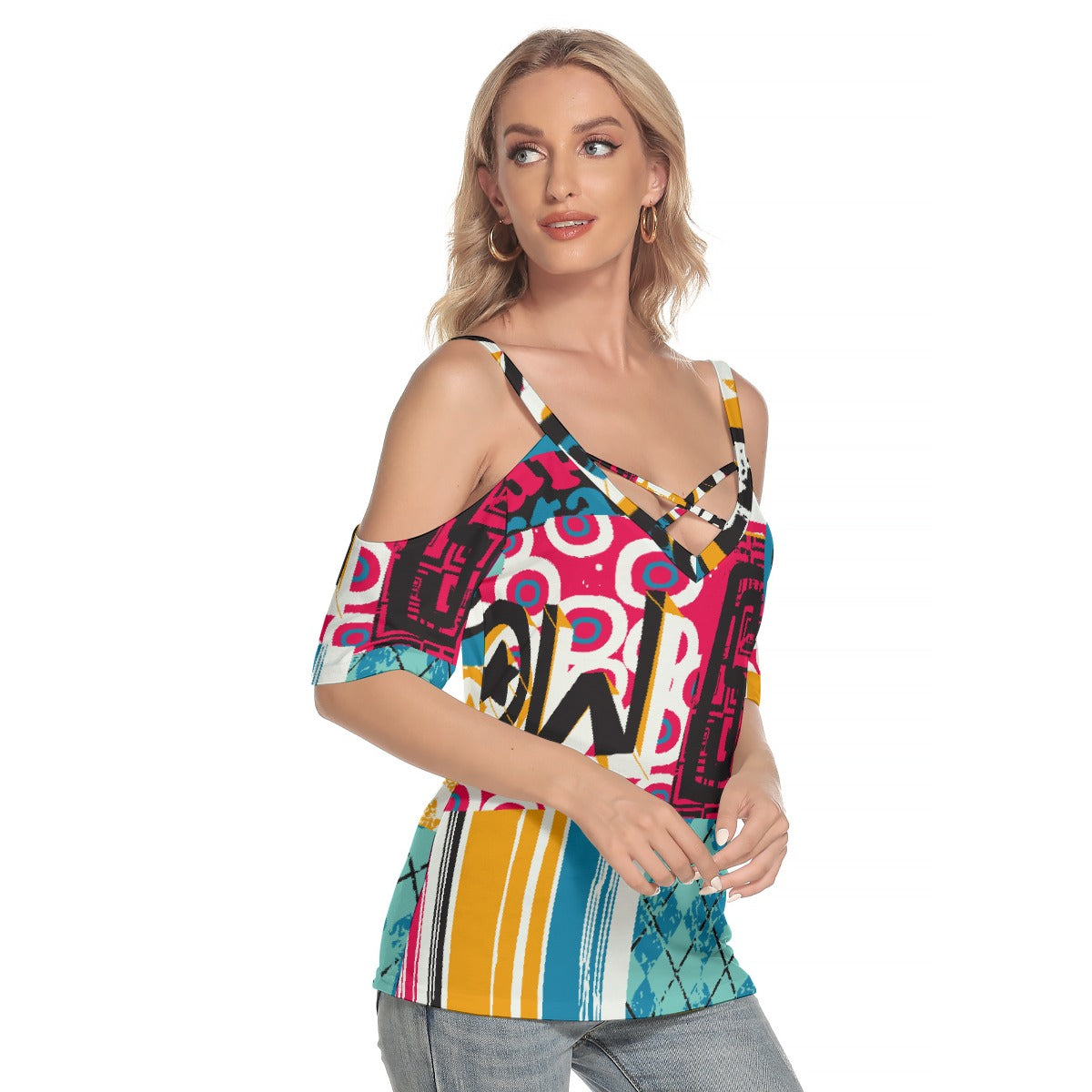 All-Over Print Women's Cold Shoulder T-shirt With Criss Cross Strips