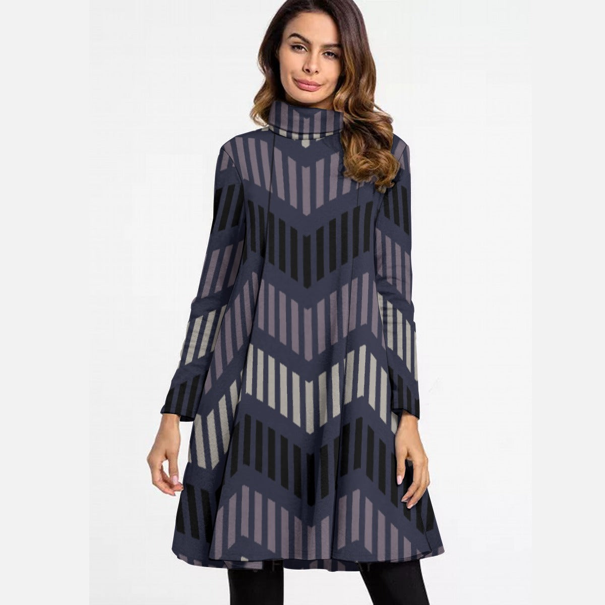 All-Over Print Women's High Neck Dress With Long Sleeve