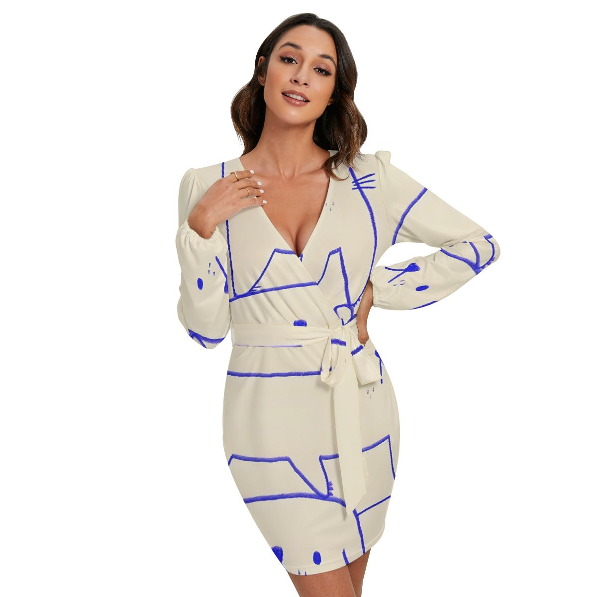 All-Over Print Women's Long Sleeve Dress With Waist Belt