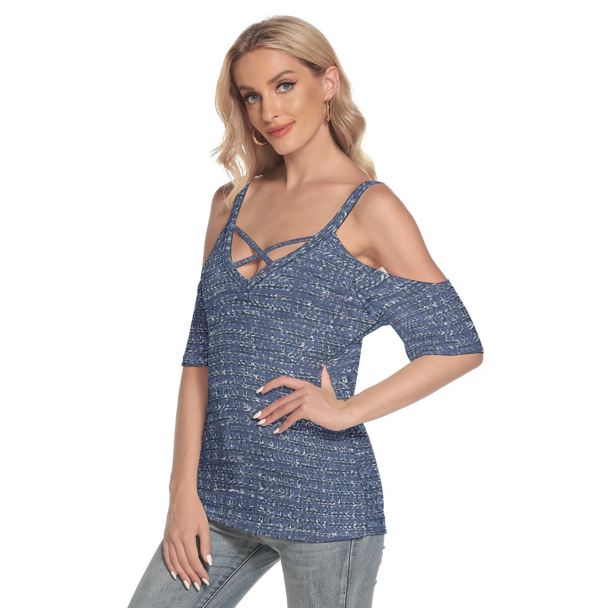 All-Over Print Women's Cold Shoulder T-shirt With Criss Cross Strips