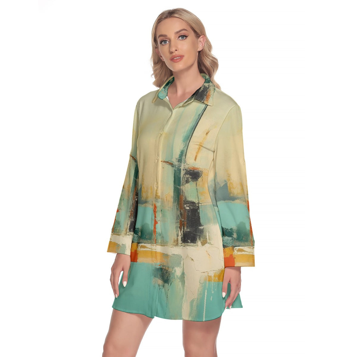 All-Over Print Women's Lapel Shirt Dress With Long Sleeve