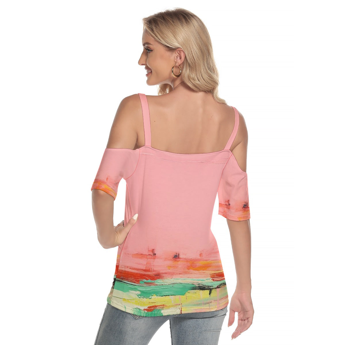 All-Over Print Women's Cold Shoulder T-shirt With Criss Cross Strips