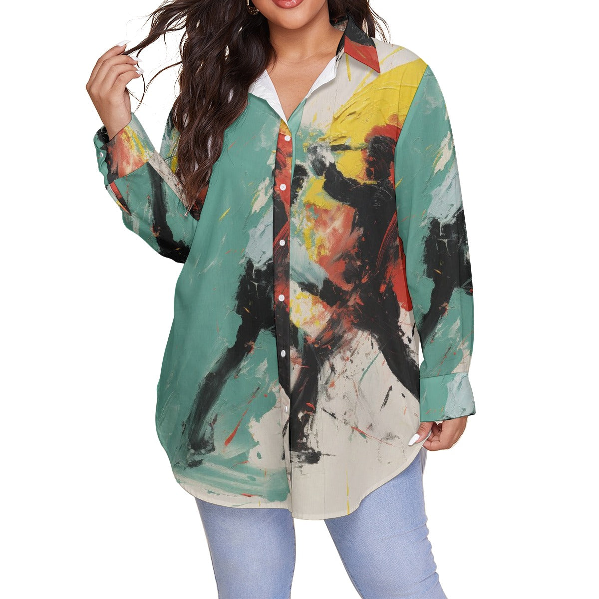 All-Over Print Women's Shirt With Long Sleeve(Plus Size)