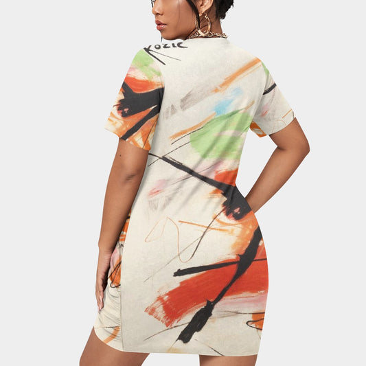 All-Over Print Women’s Stacked Hem Dress With Short Sleeve（Plus Size）