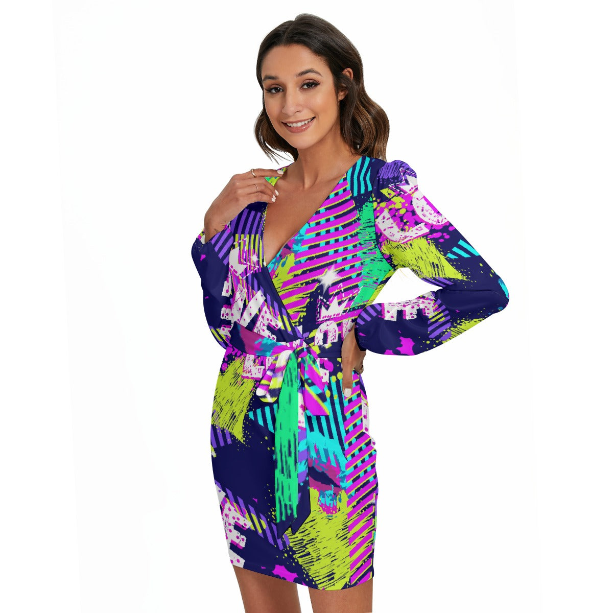 All-Over Print Women's Long Sleeve Dress With Waist Belt