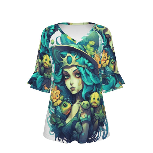 All-Over Print V-neck Women's T-shirt With Bell Sleeve