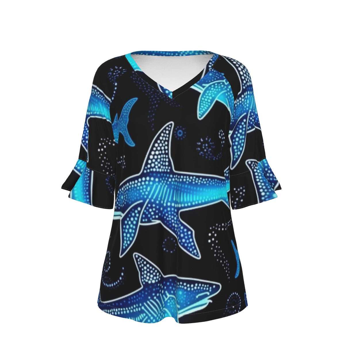 All-Over Print V-neck Women's T-shirt With Bell Sleeve