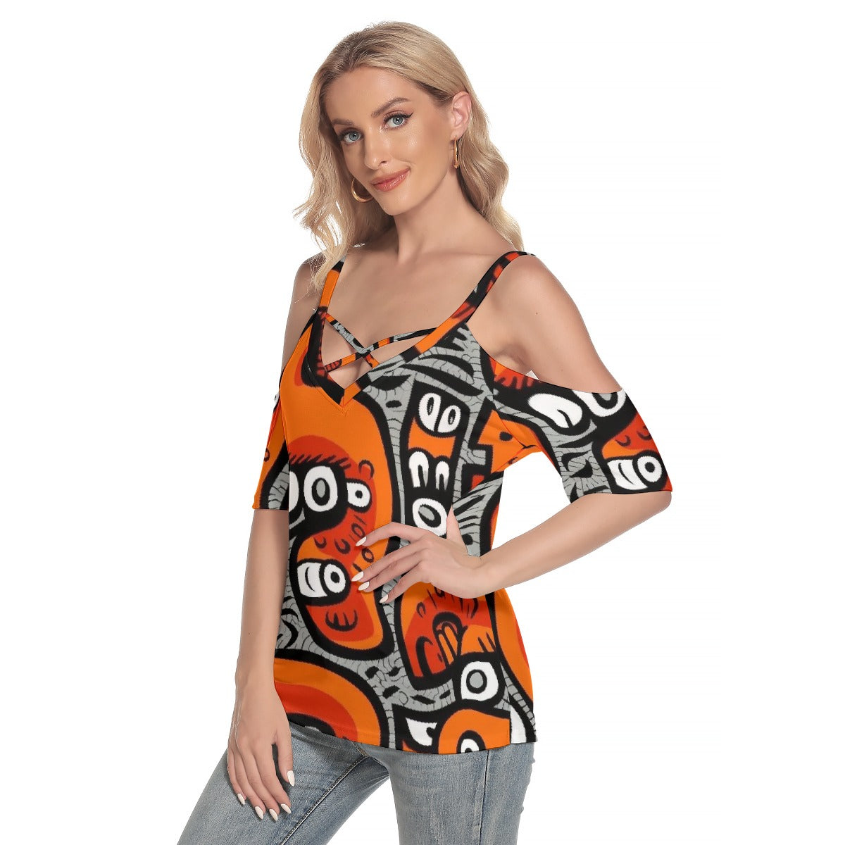 All-Over Print Women's Cold Shoulder T-shirt With Criss Cross Strips