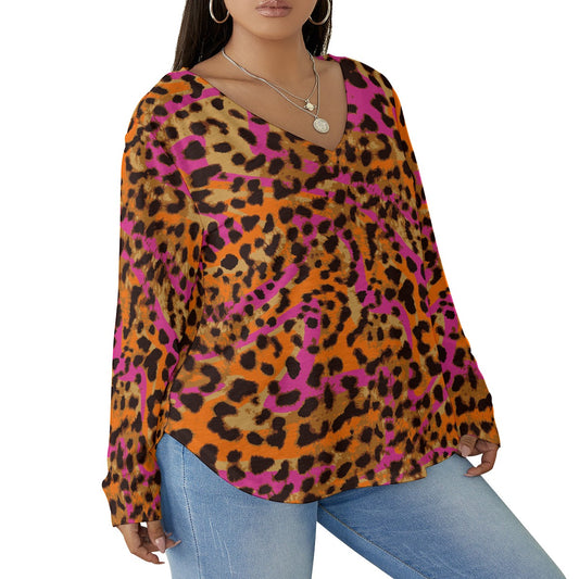 All-Over Print Women's V-neck T-shirt With Curved Hem(Plus Size)